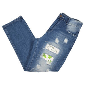 Women Medium Fashion Jeans St Patricks Day Distressed Patchwork Holiday Fun EUC